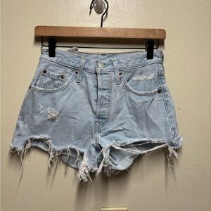 Levi 501 denim shorts women's 24 button fly distressed high rise light wash